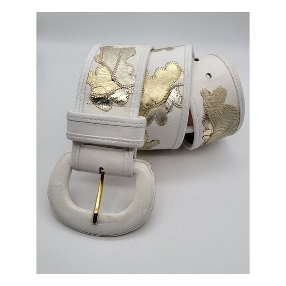 Vintage 1980's Carlos Falchi White and Gold Statement Wide Leather  Belt - Picture 1 of 6